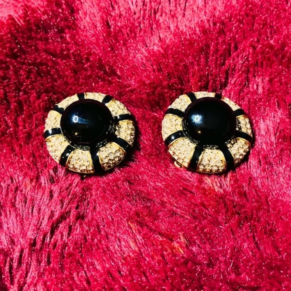 Ciner Large Vintage Gold Tone Black Enamel & Crystal Earrings